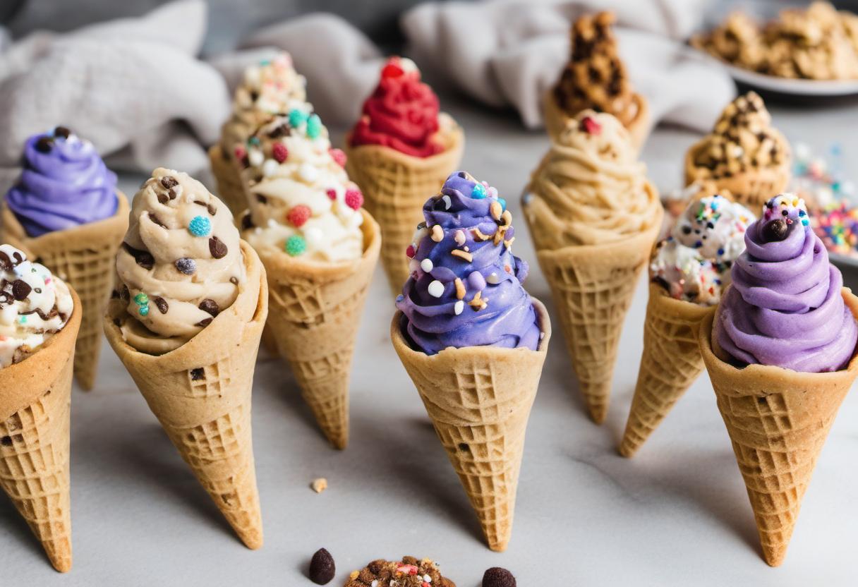 Image showing the final output answering the question: decorate Cookie Dough Cones with whimsical toppings.