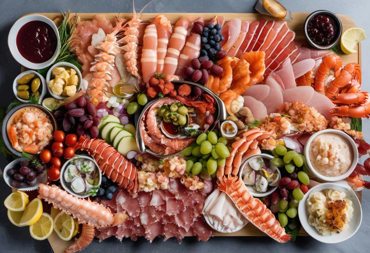 Image showing the final output answering the question: impress your dinner guests with a showstopping seafood charcuterie board.