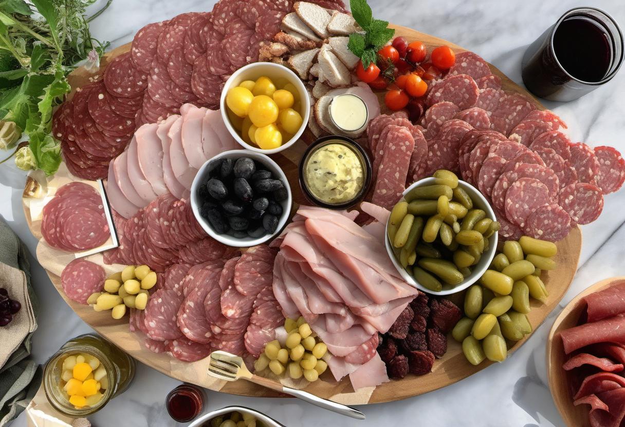 Image showing the final output answering the question: pair meats and accompaniments for a Picnic Charcuterie Board.