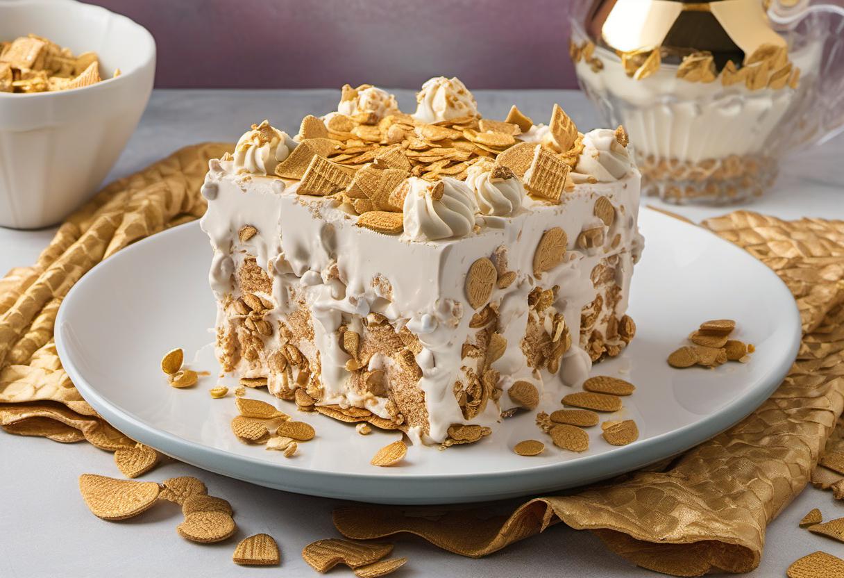 Image showing the final output answering the question: How do I create a Golden Grahams ice cream cake.