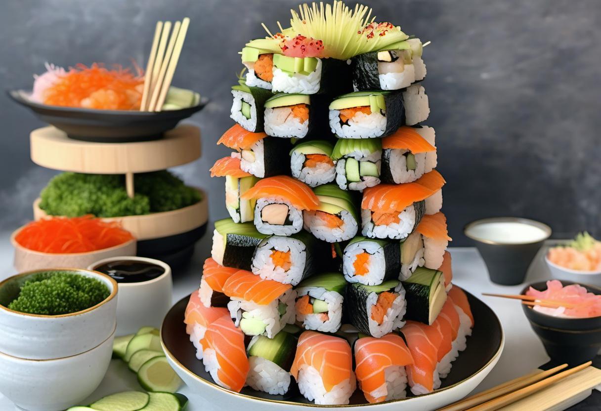 Image showing the final output answering the question: How do I serve a Sushi Tower at a party.
