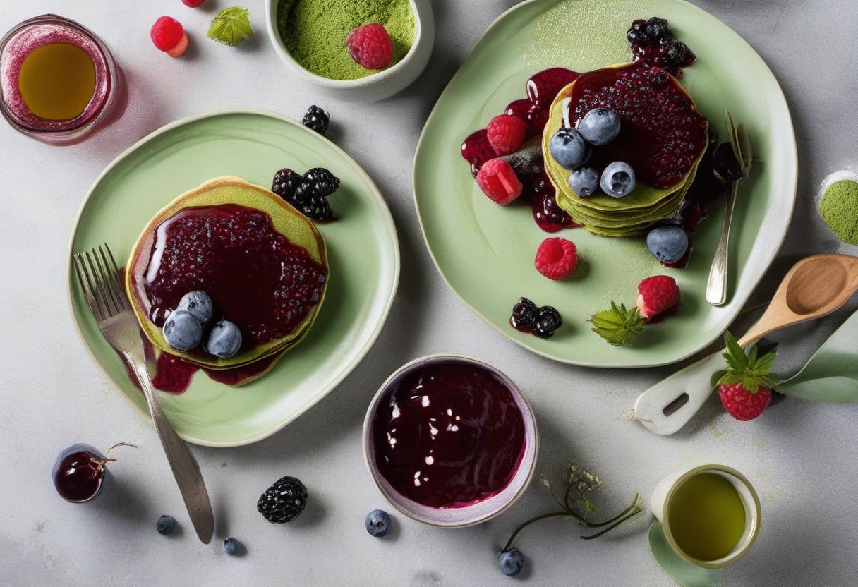 Image showing the final output answering the question: How do I make matcha pancakes with berry compote.