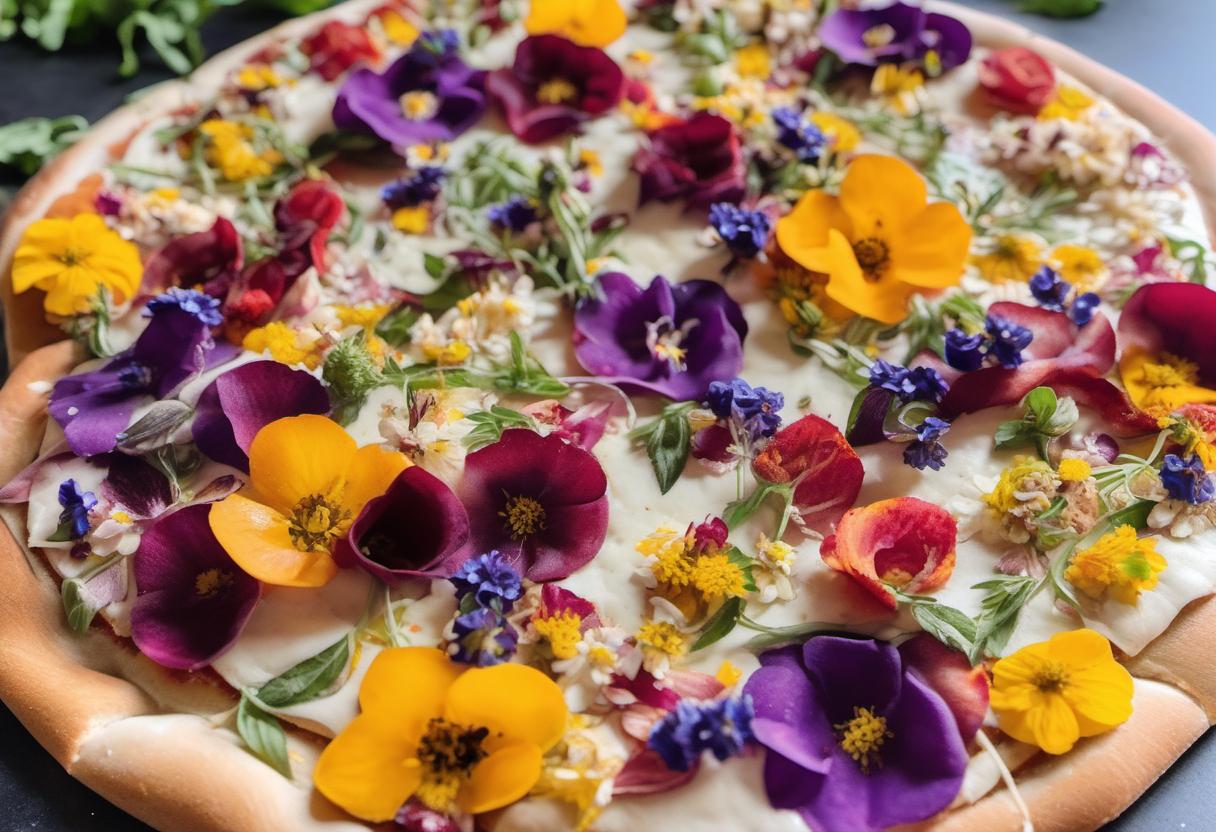 Image showing the final output answering the question: How do I decorate my Pizza with Edible Flowers.