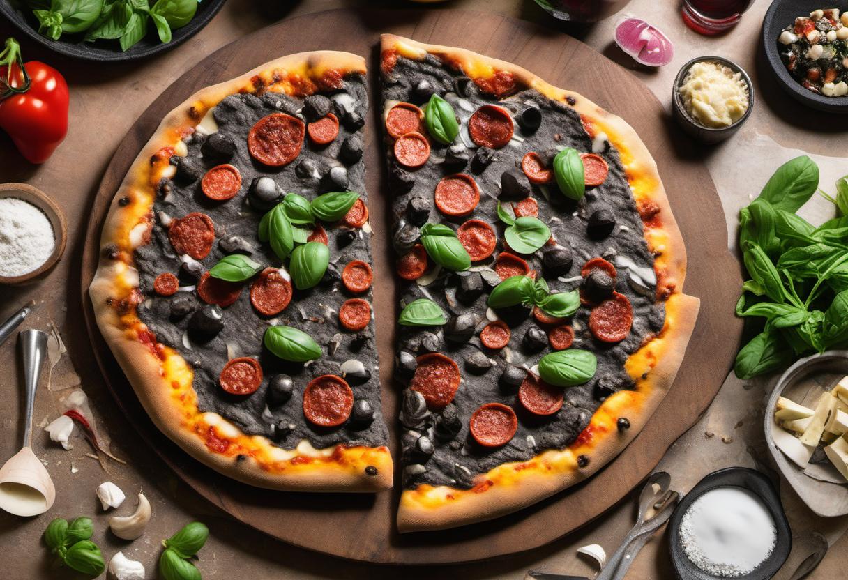 Image showing the final output answering the question: How do I prepare a gourmet black dough pizza.