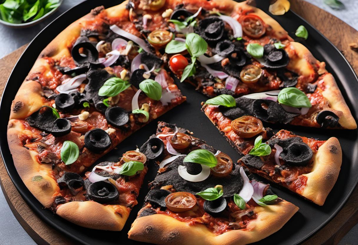 Image showing the final output answering the question: How do I bake a crispy black dough pizza.
