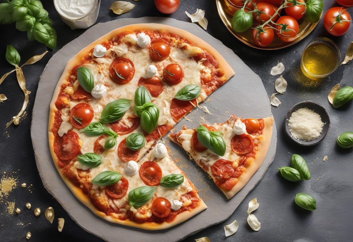 Image showing the final output answering the question: How do I create a gold leaf margherita pizza.