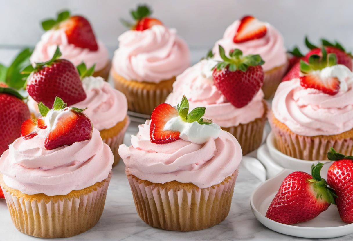 Image showing the final output answering the question: How do I bake fluffy strawberry cupcakes with whipped cream frosting.