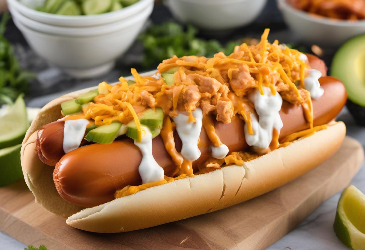 Image showing the final output answering the question: How do I whip up a tangy buffalo chicken hot dog.
