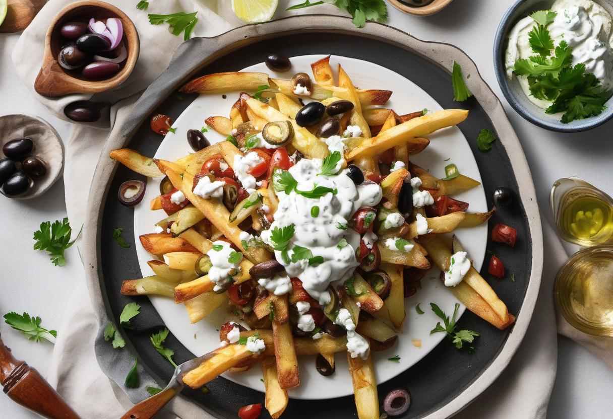 Image showing the final output answering the question: How do I bake loaded Greek fries.