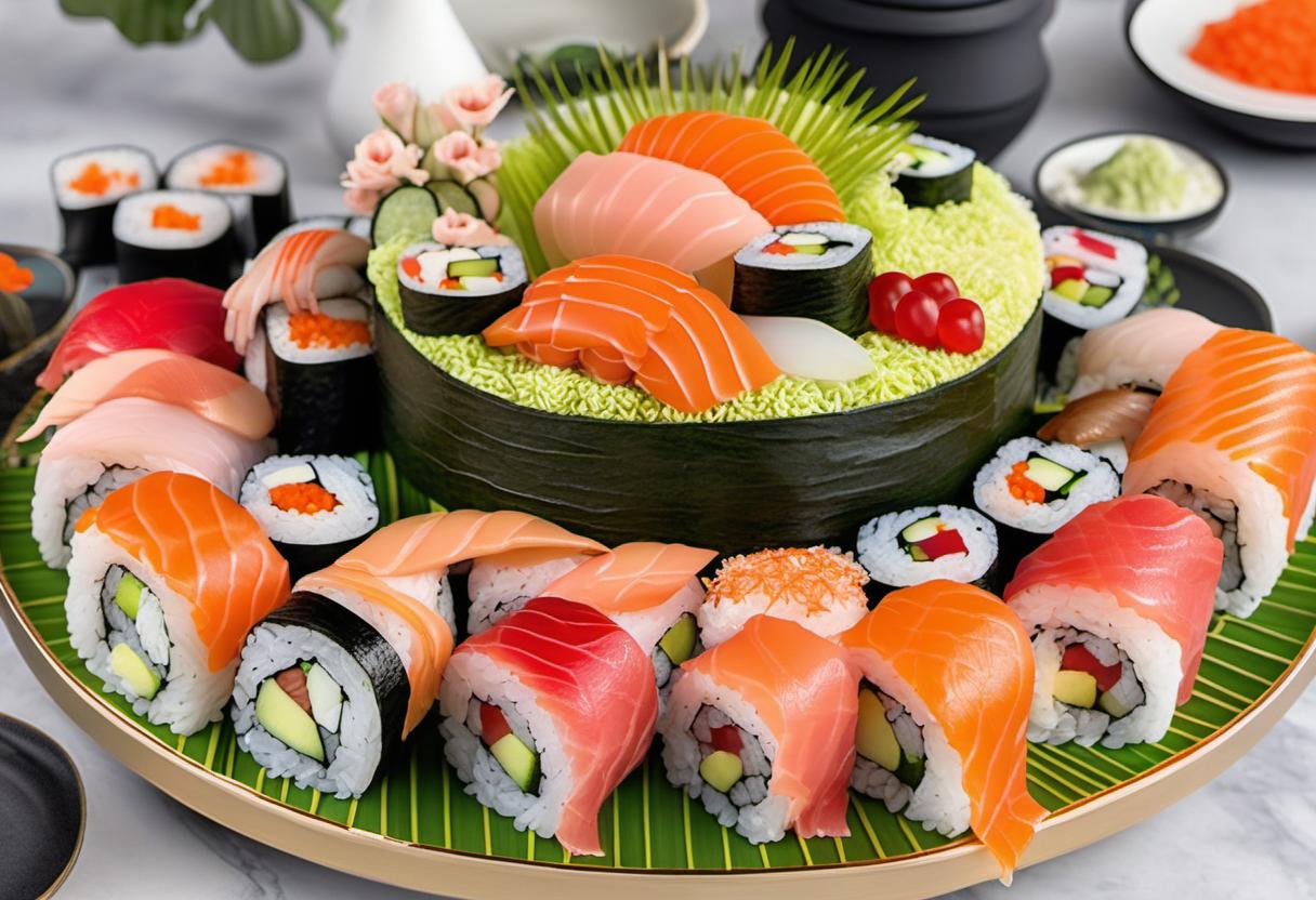 Image showing the final output answering the question: How do I create a Sushi Cake centerpiece.