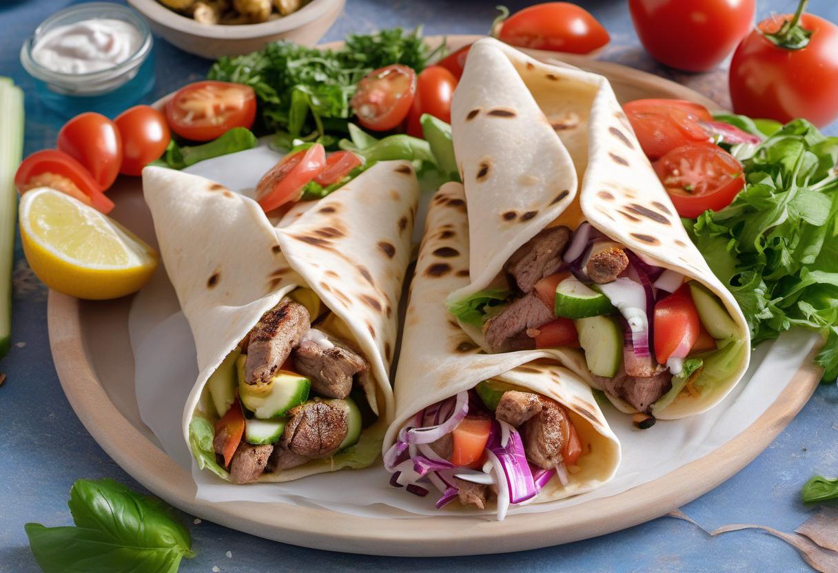 Image showing the final output answering the question: How do I make Greek Souvlaki pita wraps.