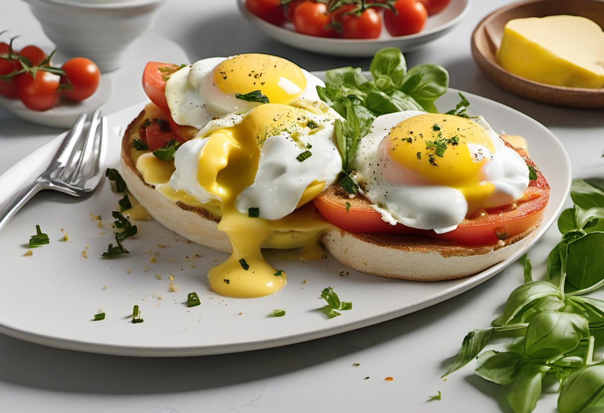 Image showing the final output answering the question: How do I create a Mediterranean twist on Eggs Benedict.