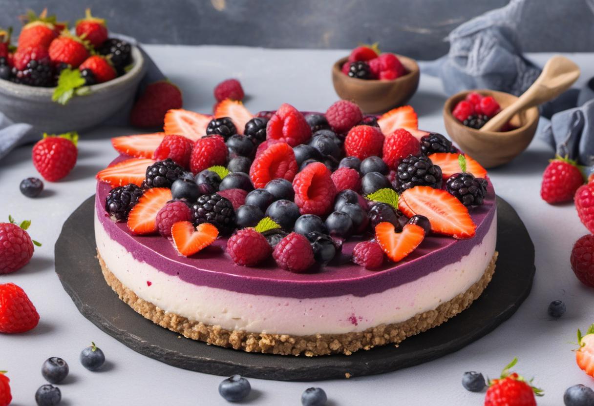Image showing the final output answering the question: How do I prepare a heavenly berry-filled Raw Vegan Cheesecake.