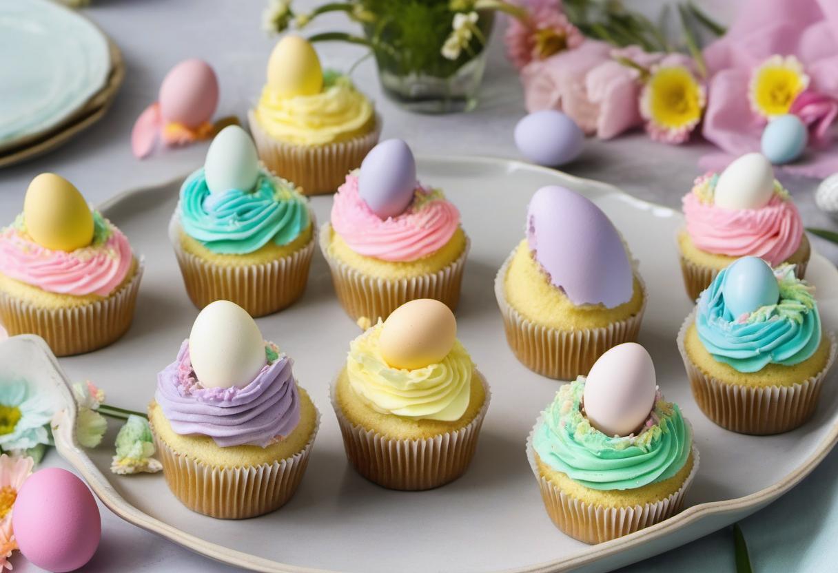 Image showing the final output answering the question: How do I make Easter Egg Cupcakes with pastel frosting.