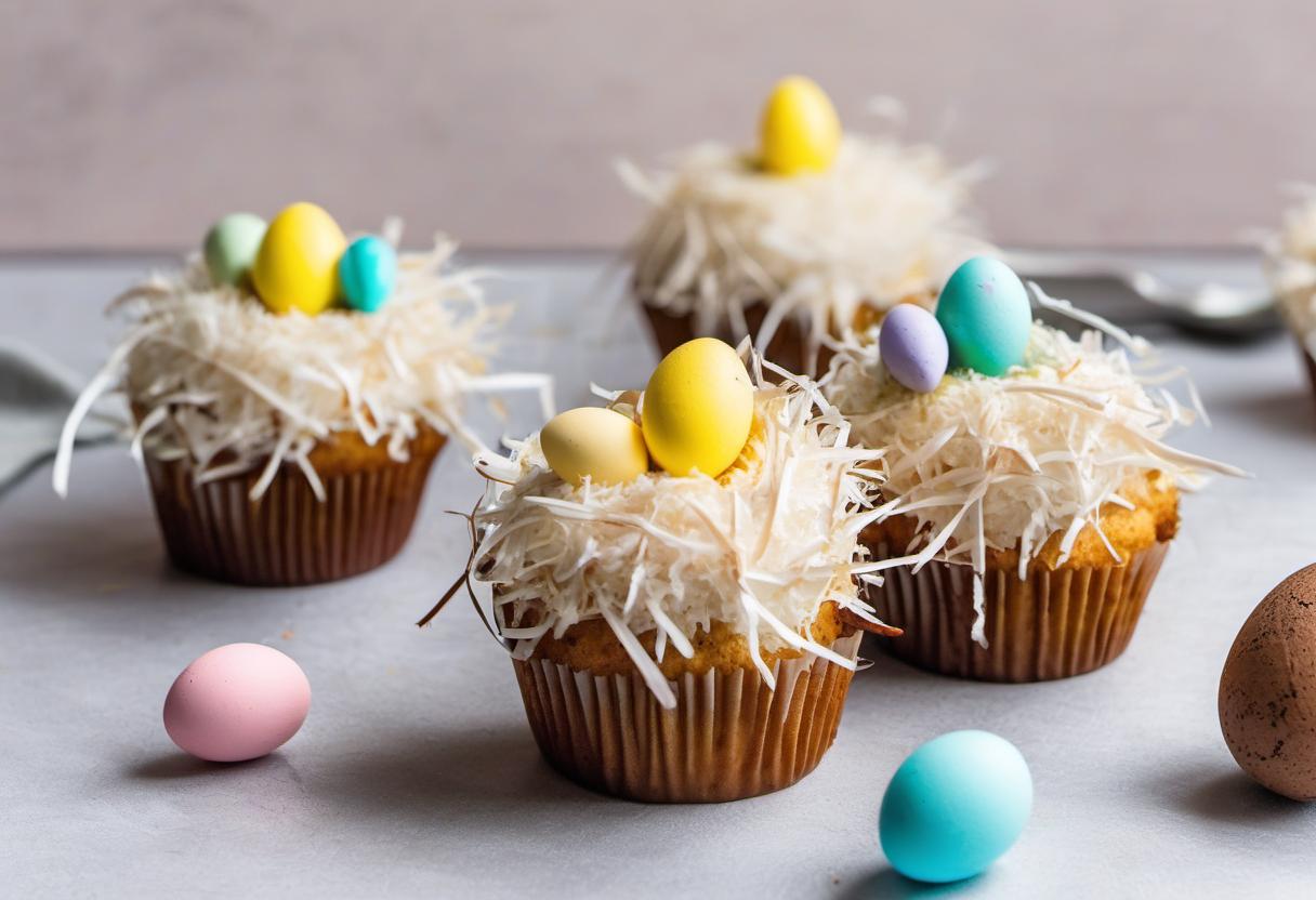 Image showing the final output answering the question: How do I make Easter Egg Cupcakes with coconut nests.