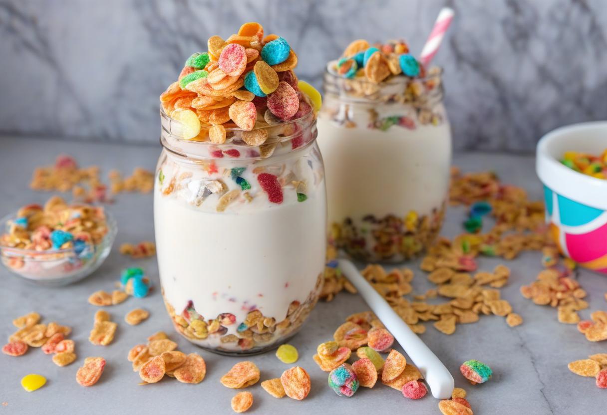 Image showing the final output answering the question: How do I make a Fruity Pebbles Cereal Milkshake.