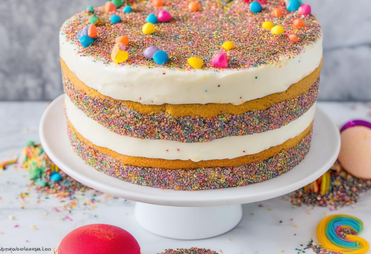 Image showing the final output answering the question: How do I bake a Rainbow Sprinkle Birthday Cake with Edible Glitter.