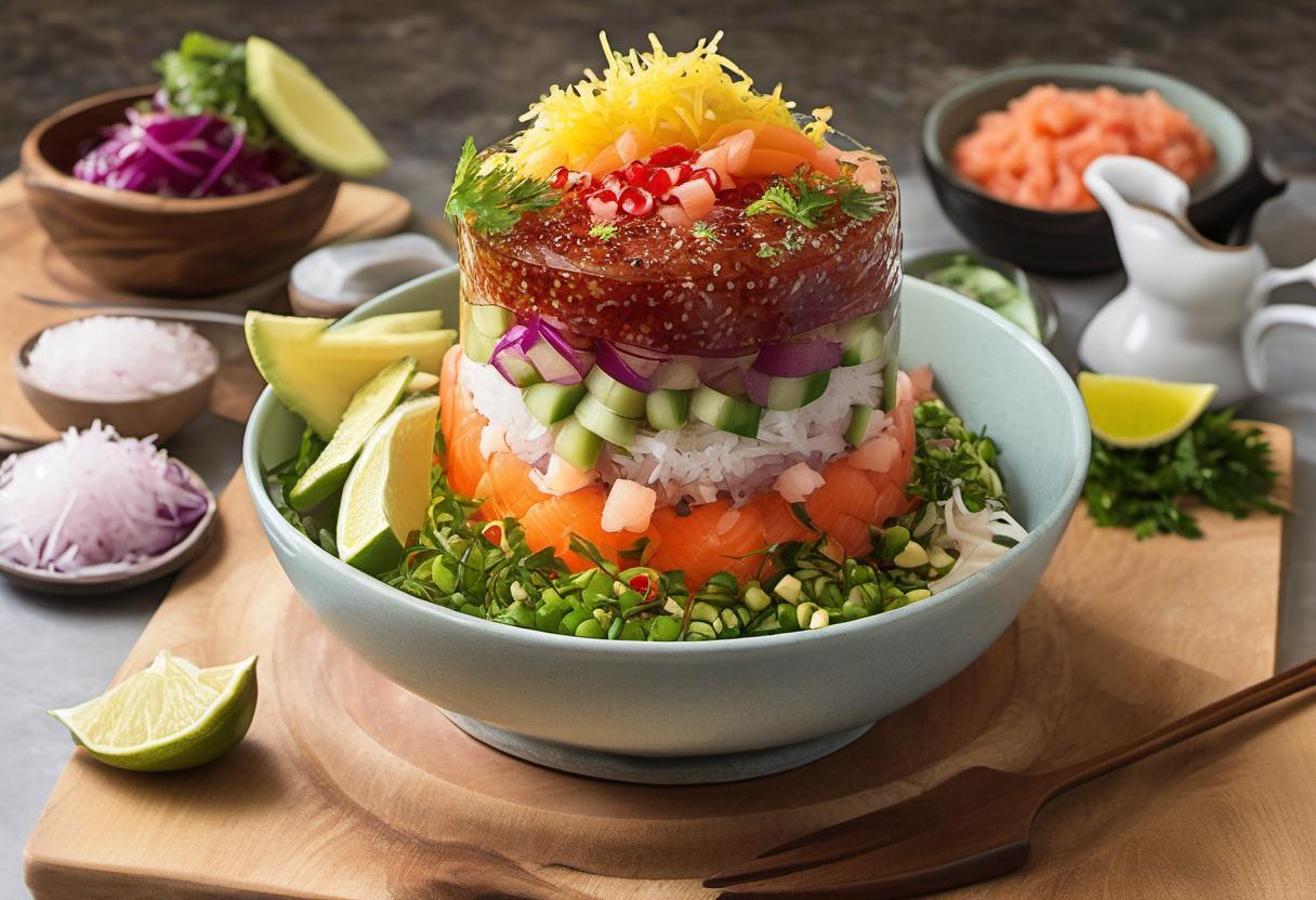 Image showing the final output answering the question: How do I marinate the perfect fish for my Hawaiian Poke Tower.