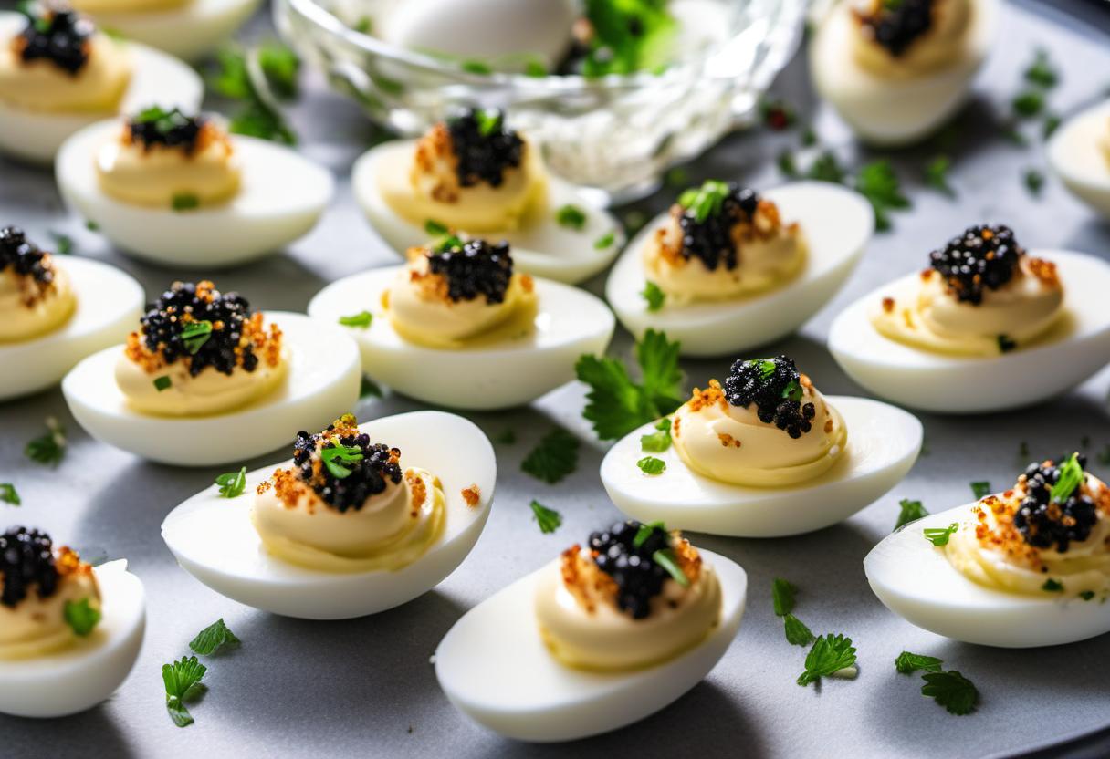Image showing the final output answering the question: How do I make Caviar-topped Deviled Eggs.