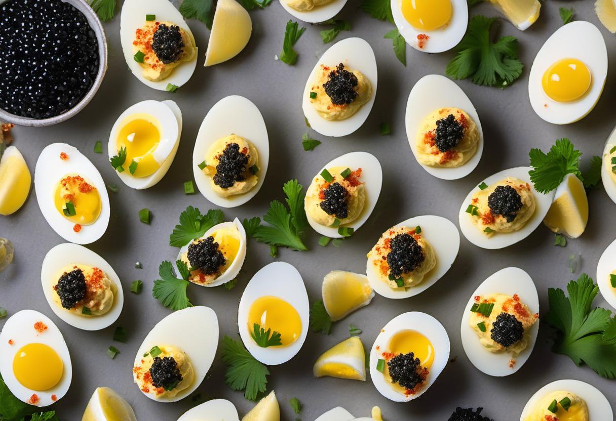 Image showing the final output answering the question: How do I make a vegan version of Caviar-topped Deviled Eggs.