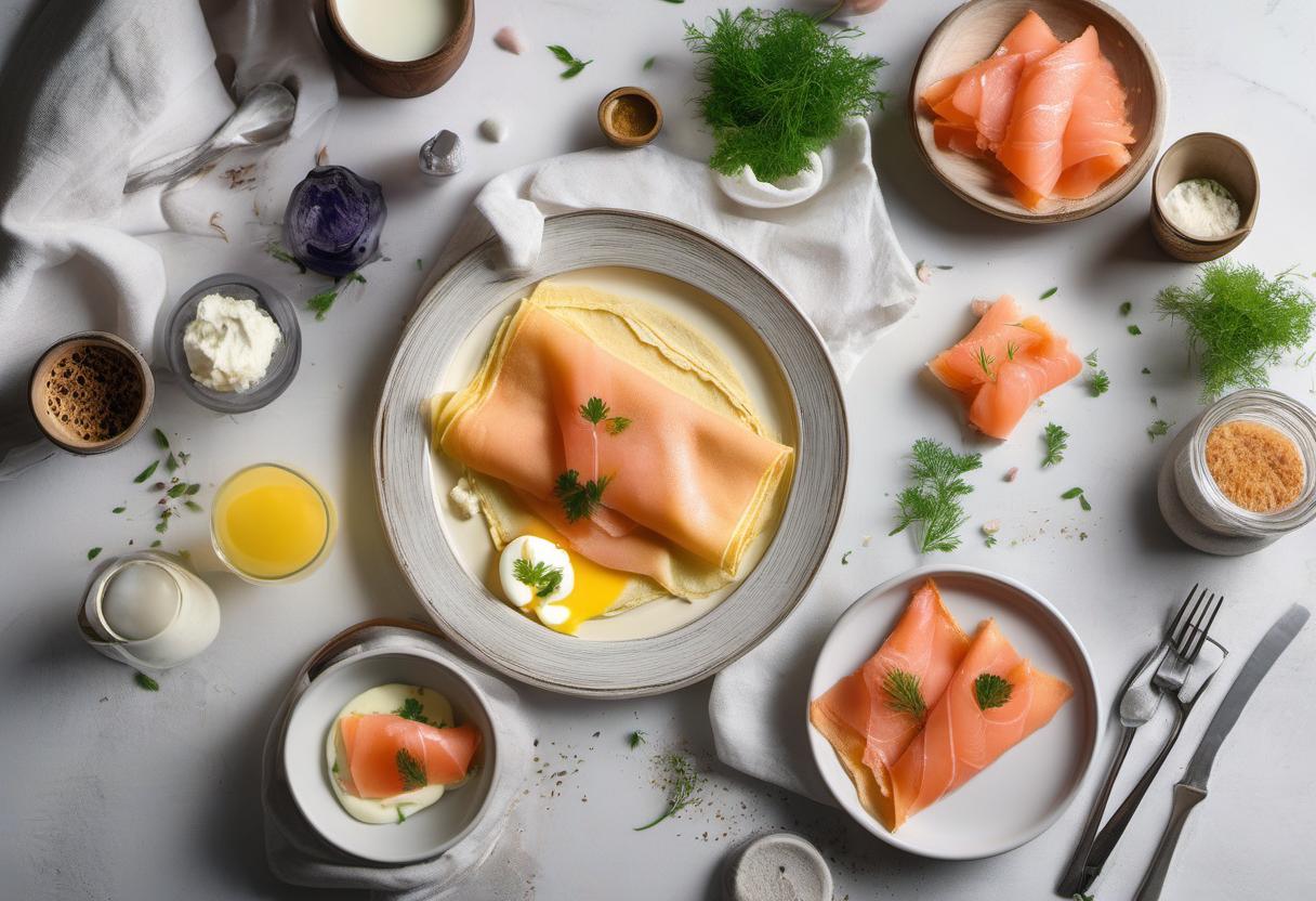 Image showing the final output answering the question: How do I make Egg-filled Crepes with smoked salmon.