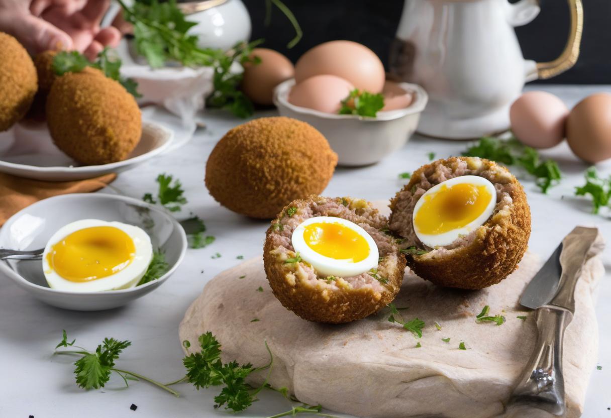 Image showing the final output answering the question: How do I make scotch eggs with a gooey center.