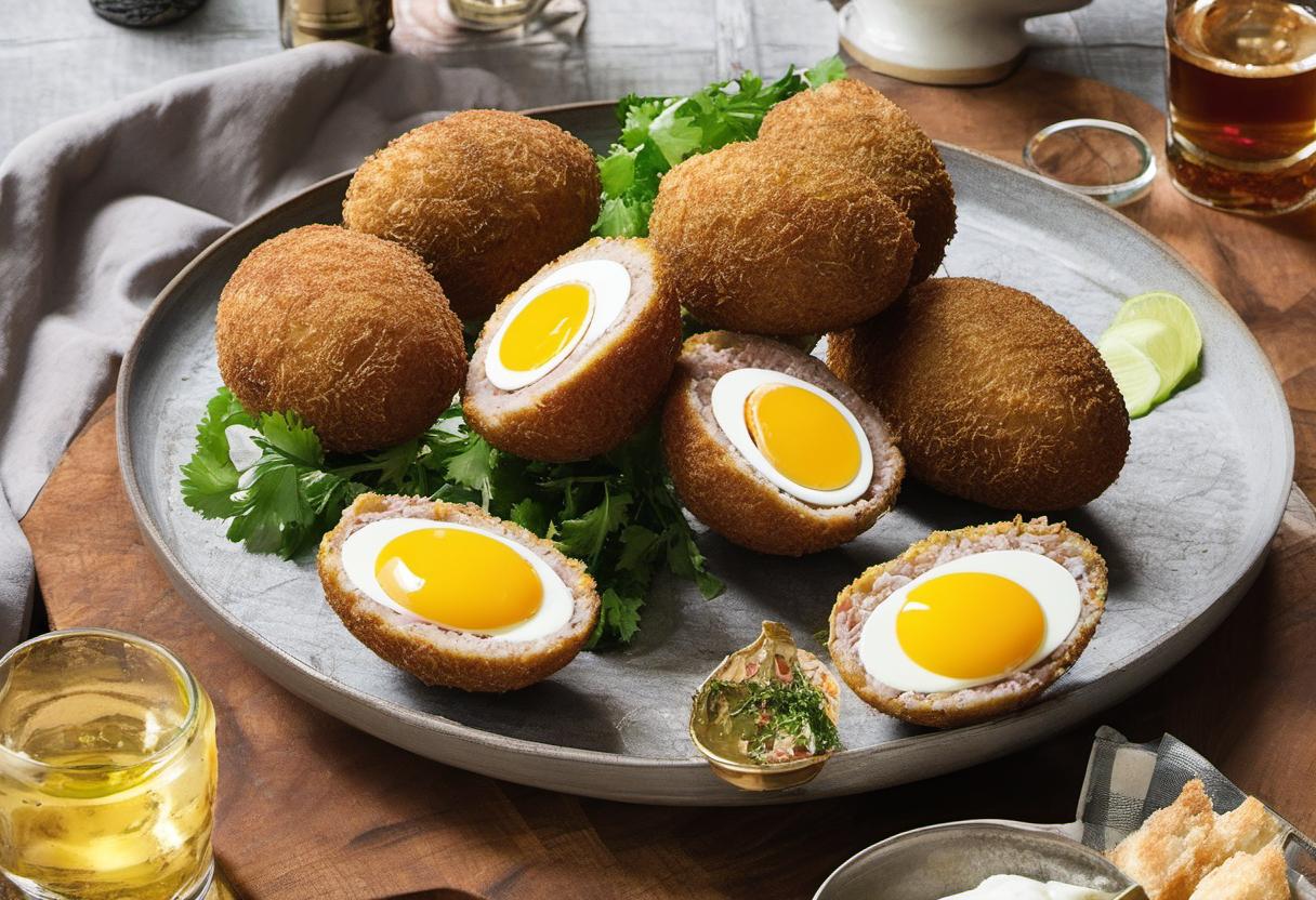 Image showing the final output answering the question: How do I make scotch eggs with a pub-style touch.