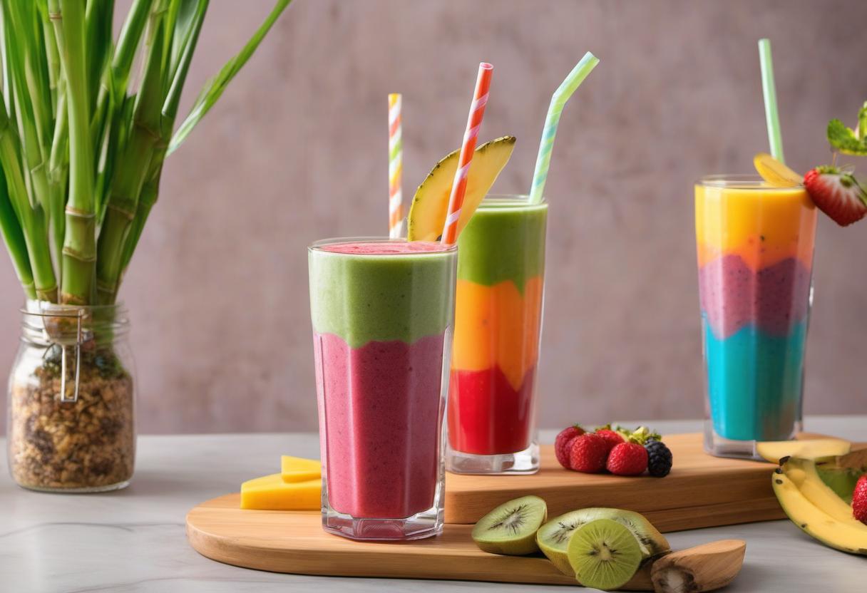 Image showing the final output answering the question: How do I create a colorful Rainbow Bamboo Straw Smoothie.