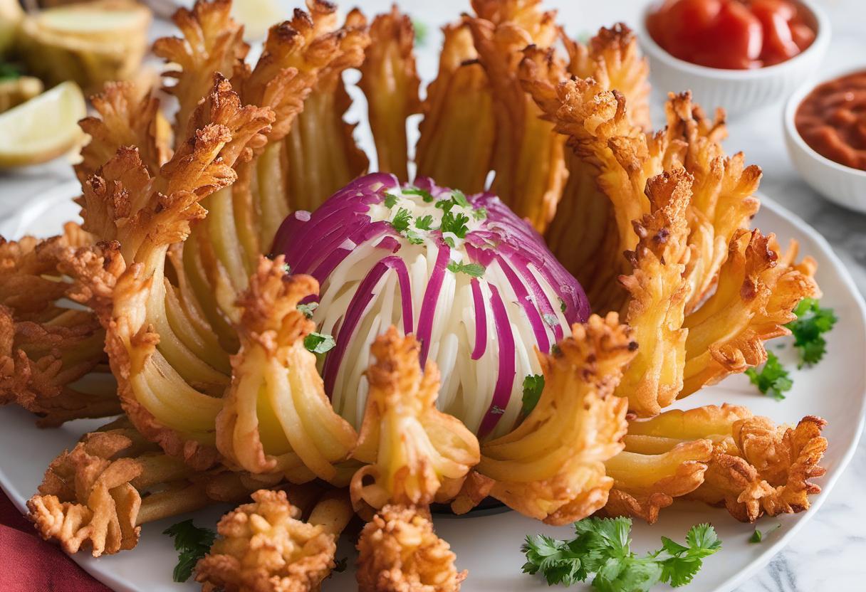 Image showing the final output answering the question: How do I make a party favorite Cheese-stuffed Blooming Onion.