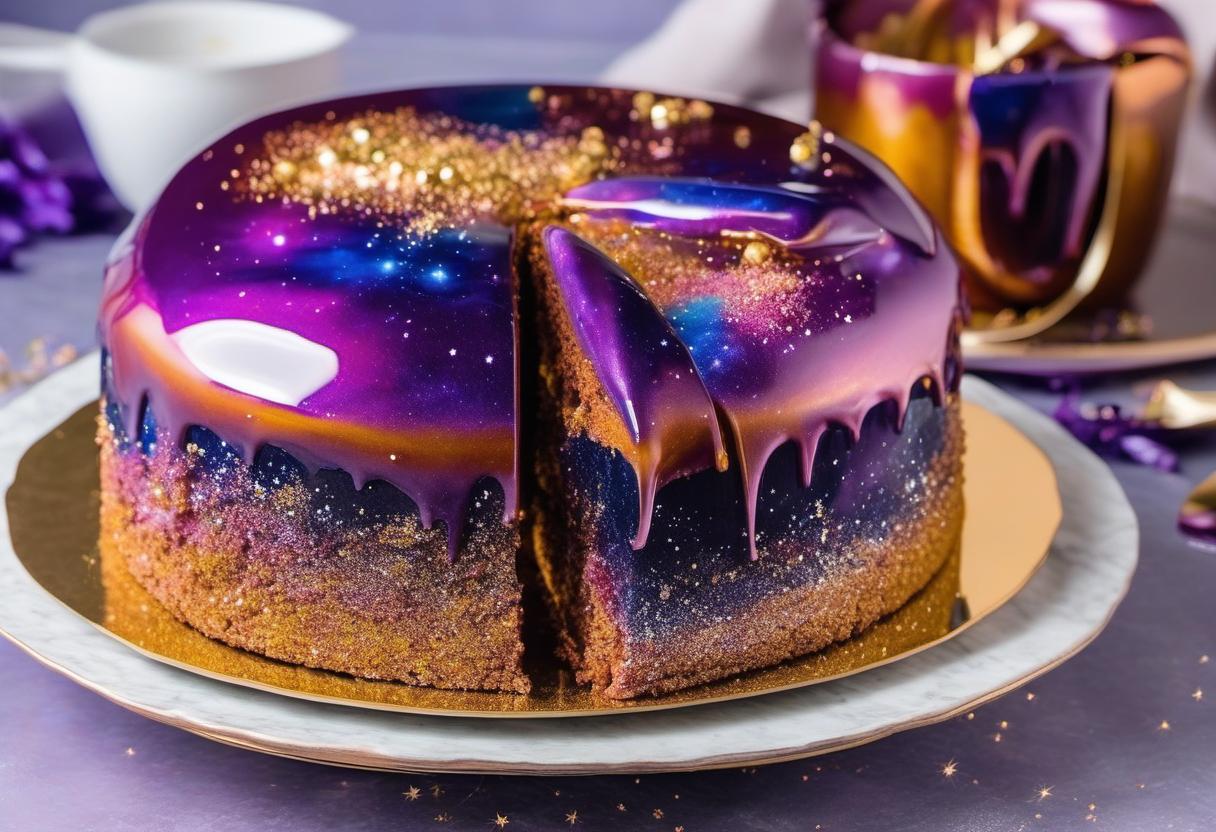 Image showing the final output answering the question: How do I add shimmer to a Galaxy Mirror Glaze Cake.
