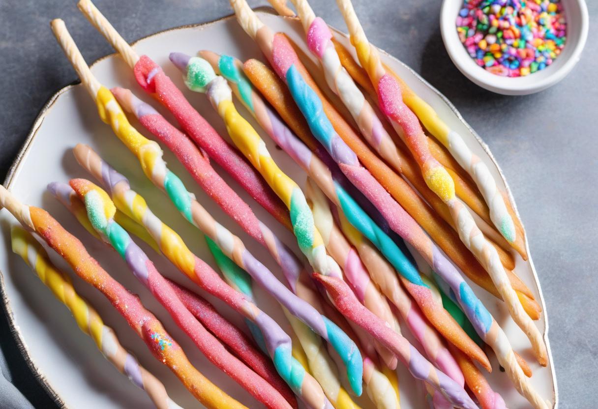 Image showing the final output answering the question: How do I create rainbow-colored Unicorn Horn Pretzel Sticks.