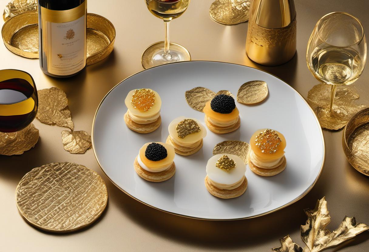 Image showing the final output answering the question: How do I pair wine with gold leaf caviar blinis.