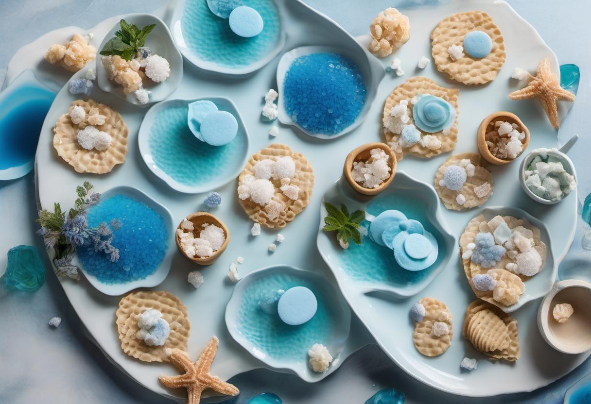 Image showing the final output answering the question: How do I create a whimsical Water Elemental Wafer dessert platter sea salt and blue hues.