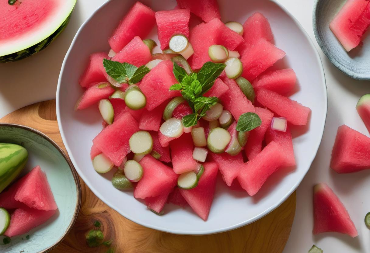 Image showing the final output answering the question: How do I incorporate Watermelon Rind Pickles into summer salads.