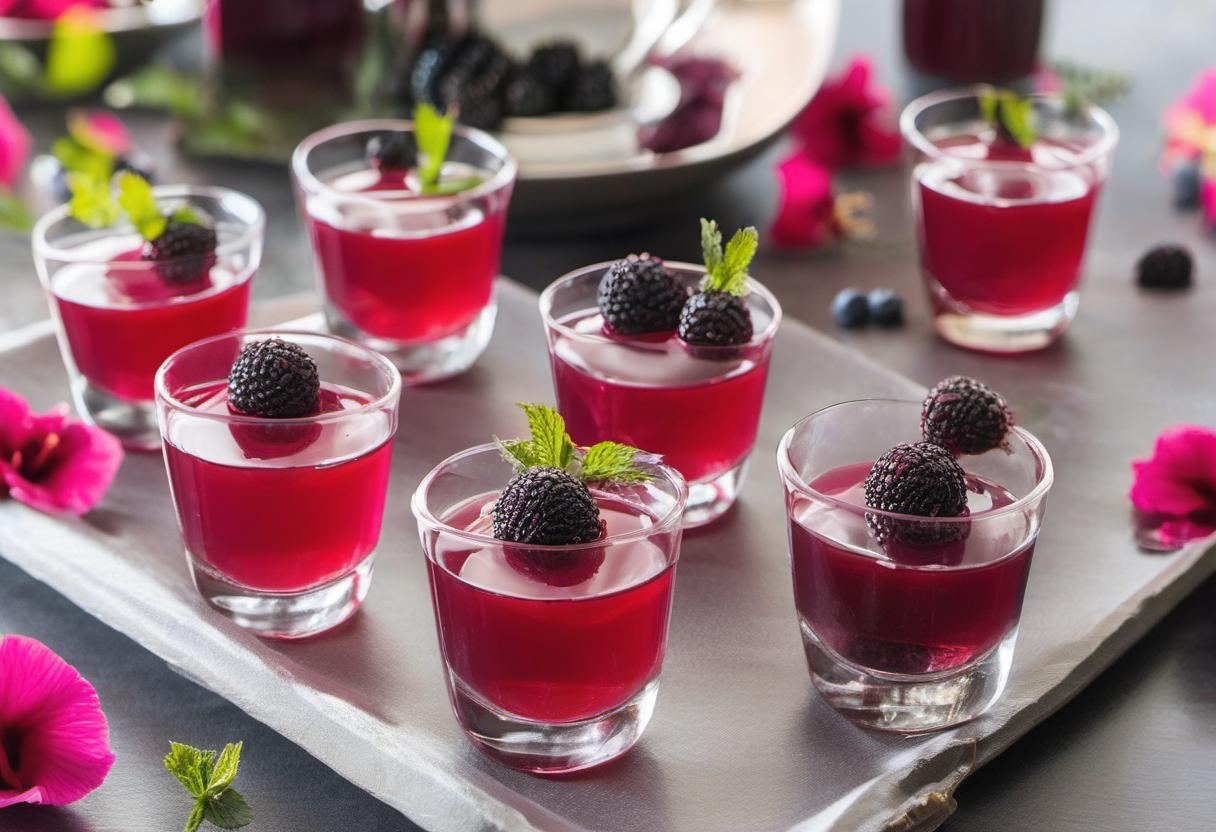 Image showing the final output answering the question: How do I surprise my guests with Hibiscus and Berry Gelée shooters.