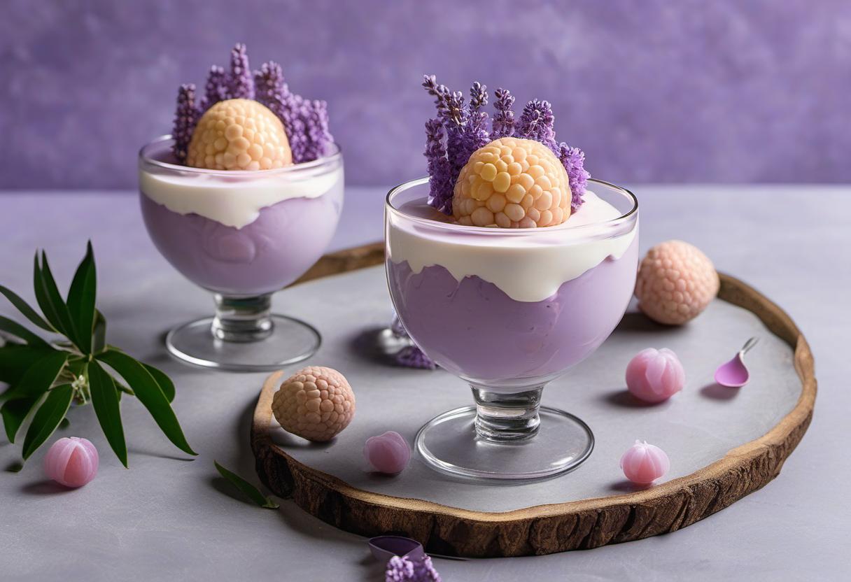 Image showing the final output answering the question: How do I make a lavender-infused Lilac Lychee Mousse.