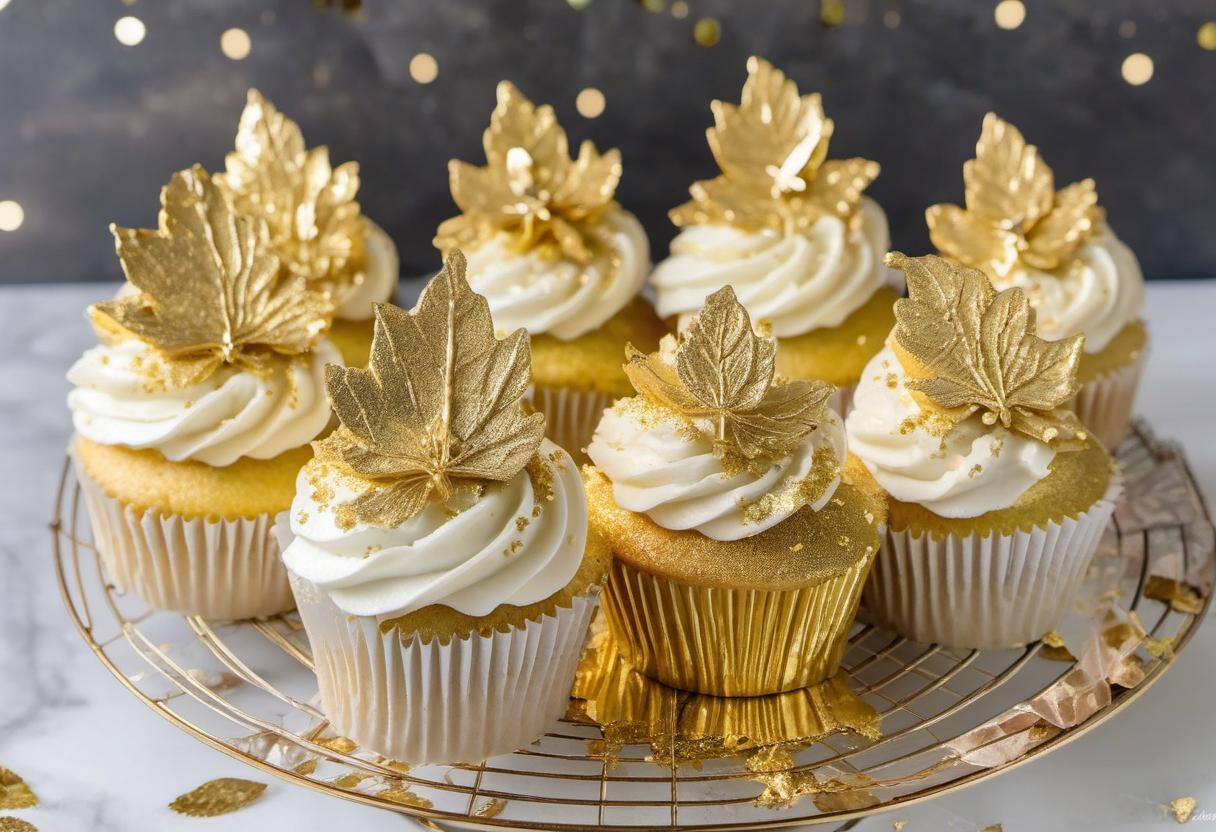Image showing the final output answering the question: How do I decorate Vanilla Cupcakes with Gold Leaf Toppings.