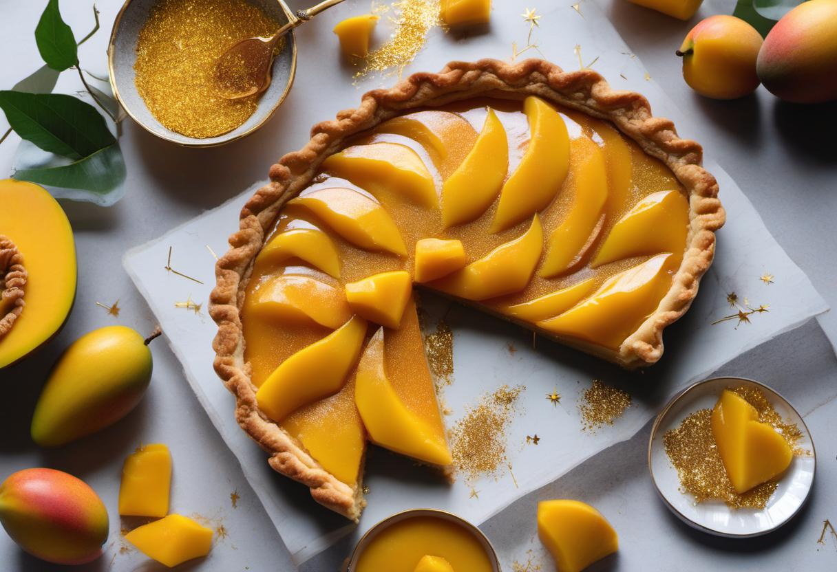 Image showing the final output answering the question: How do I wow my guests with a Mango Marmalade Tart with Gold Glitter.