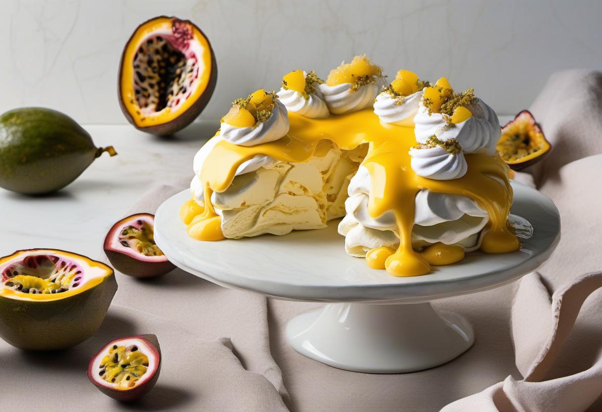 Image showing the final output answering the question: How do I create a Polynesian-inspired Pavlova with a Passionfruit twist.