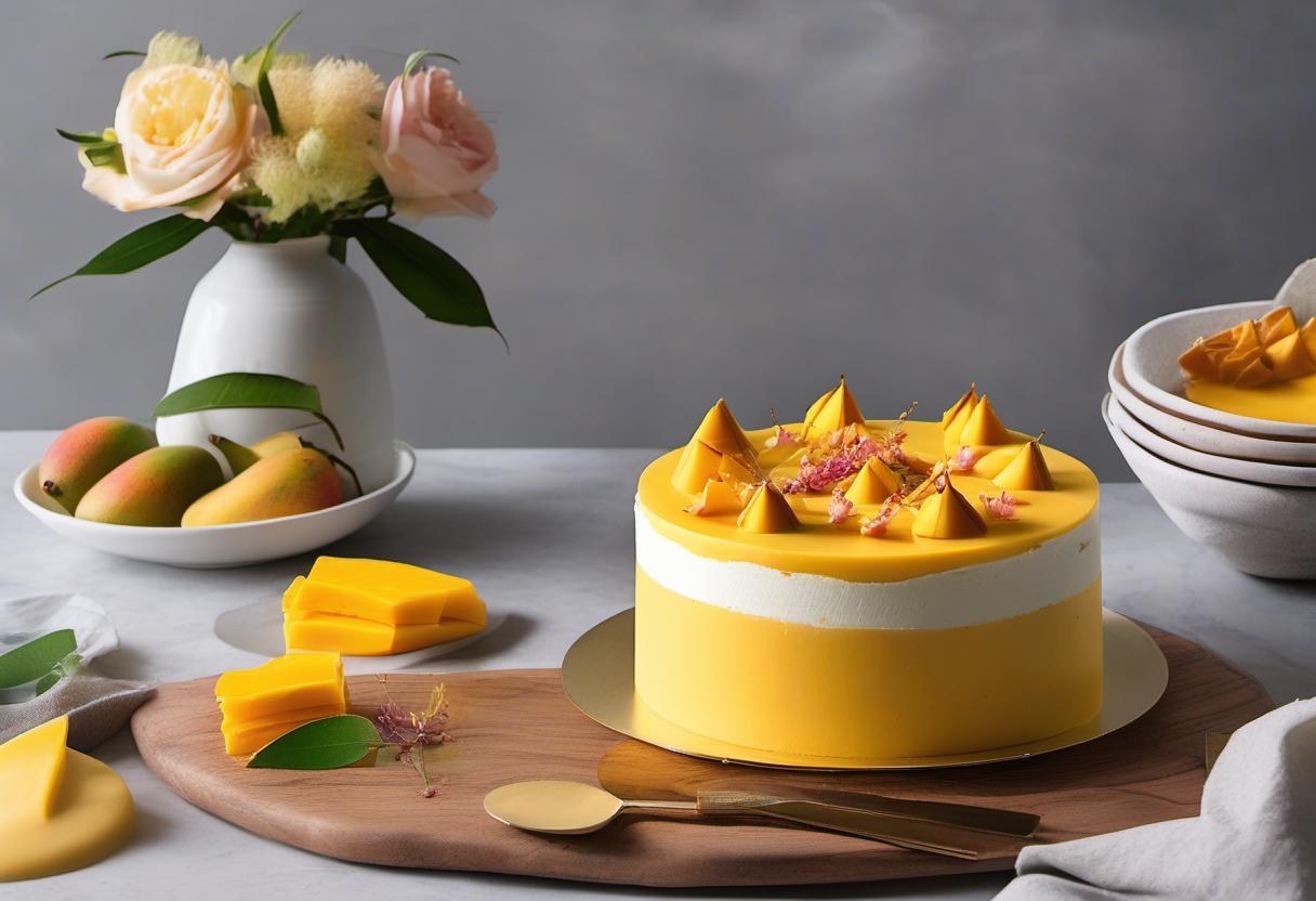 Image showing the final output answering the question: How do I create a show-stopping Maldivian Mango Mousse cake.