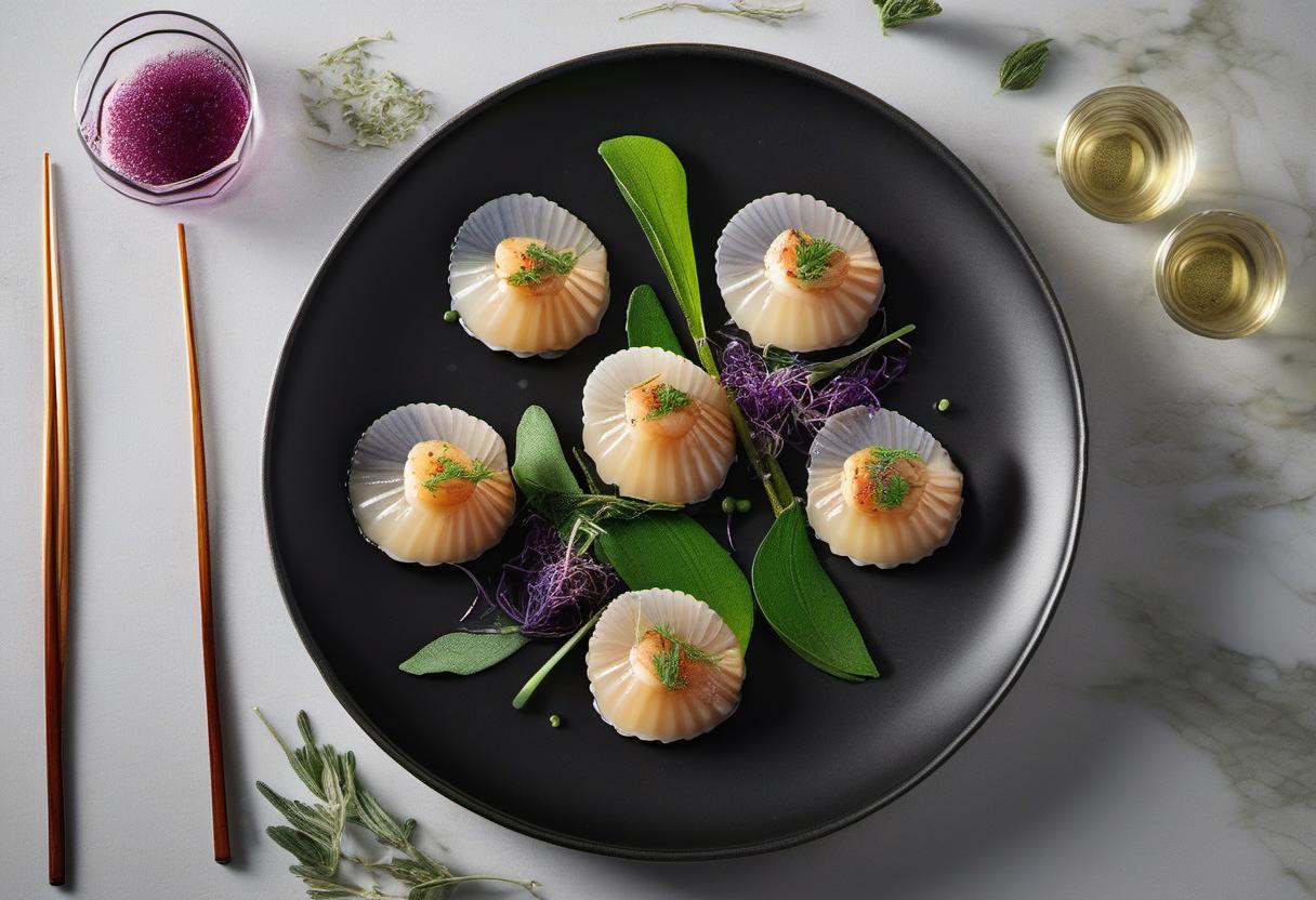 Image showing the final output answering the question: How do I cook Silvered Sage Sake-infused scallops.