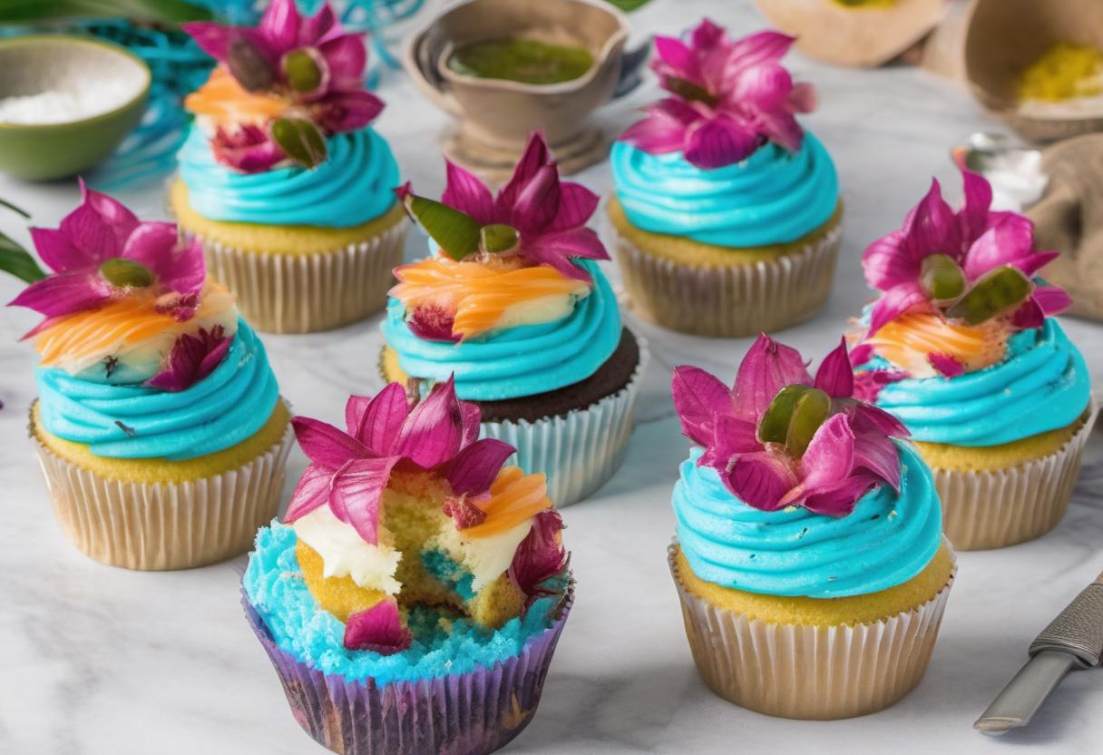 Image showing the final output answering the question: How do I bake Banded Blue Lagoon cupcakes.