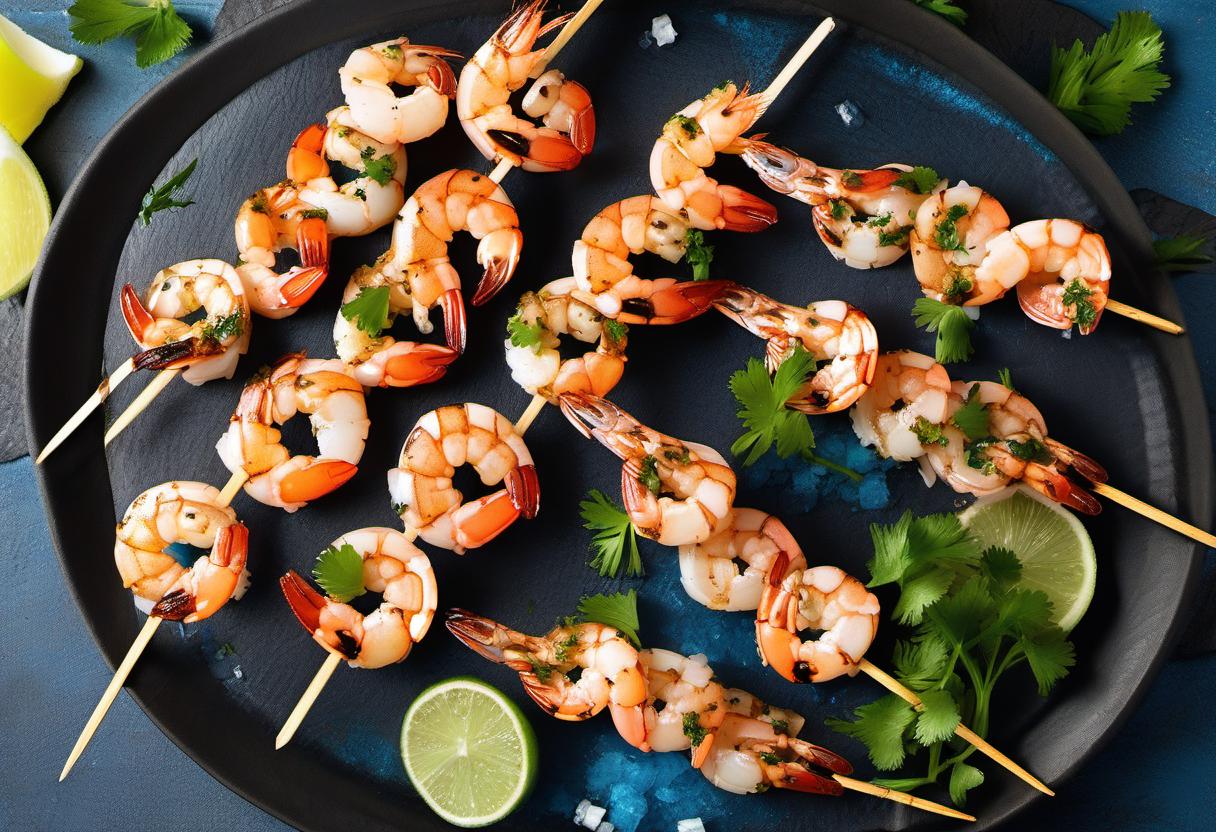 Image showing the final output answering the question: How do I grill Banded Blue Lagoon shrimp skewers.
