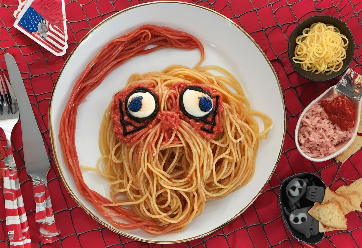 Image showing the final output answering the question: How do I impress guests with Spiderman Spaghetti.