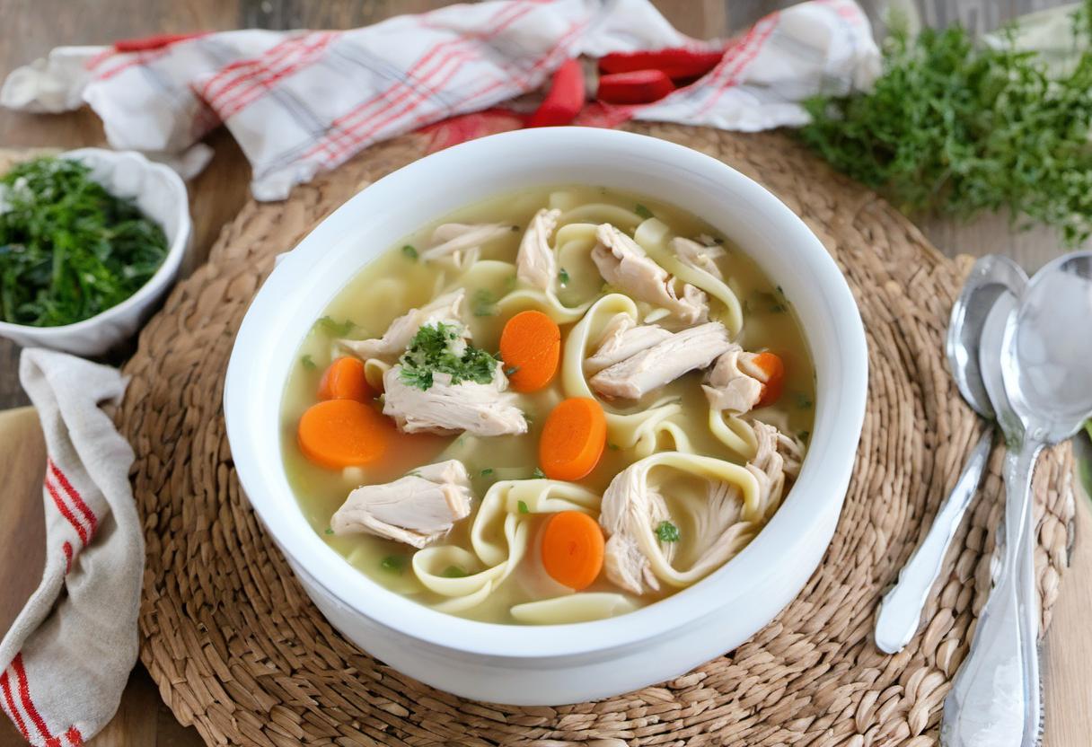 Image showing the final output answering the question: How do I make gluten-free chicken noodle soup.