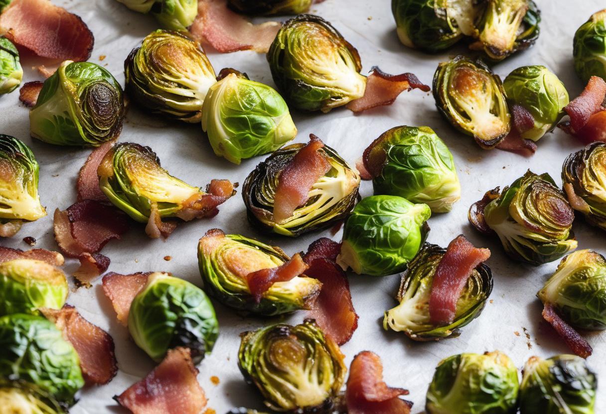 Image showing the final output answering the question: How do I make roasted Brussels sprouts with bacon.