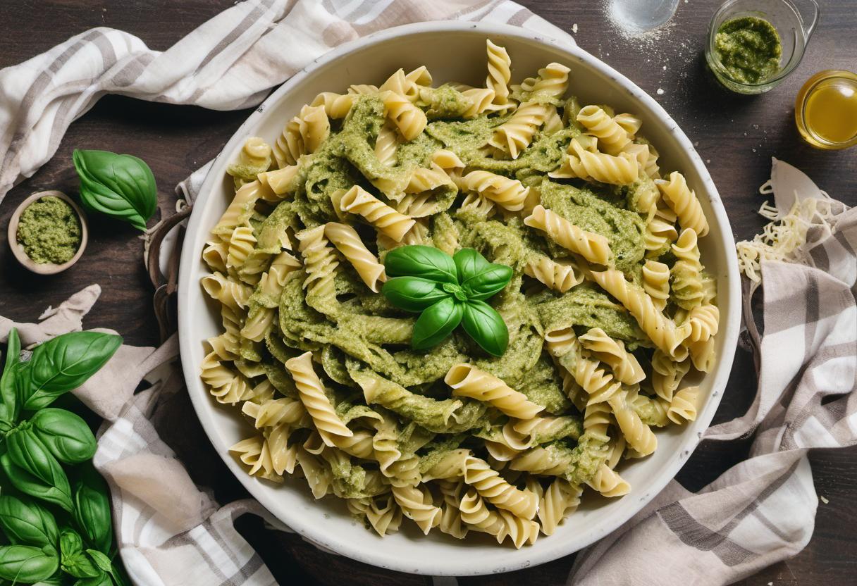 Image showing the final output answering the question: How do I make pesto pasta for a crowd.