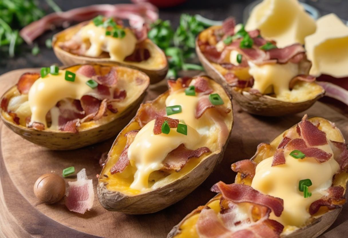 Image showing the final output answering the question: How do I make delicious Potato Skins with Cheese and Bacon.