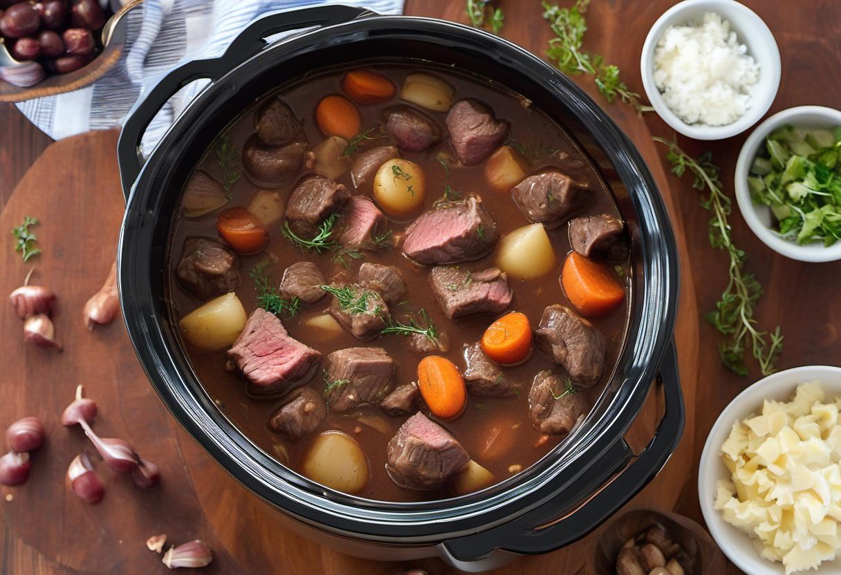 Image showing the final output answering the question: How do I make Beef Bourguignon in a slow cooker.