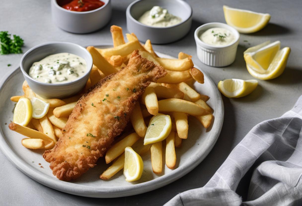 Image showing the final output answering the question: How do I bake Fish and Chips with Tartar Sauce.